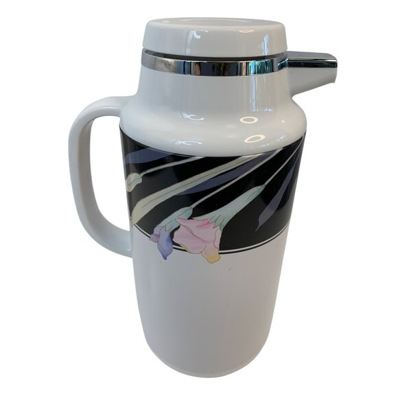 VTG Mikasa One Liter 4 cup Thermal Jug Coffee Pitcher Charisma Black Floral GUC - Picture 10 of 12